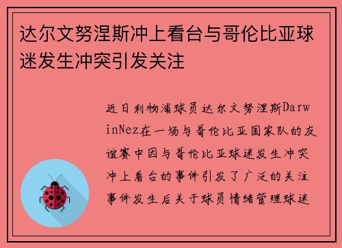达尔文努涅斯冲上看台与哥伦比亚球迷发生冲突引发关注