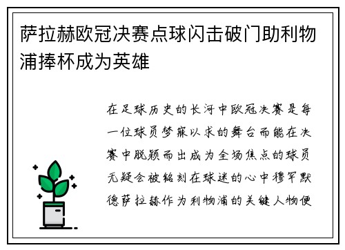 萨拉赫欧冠决赛点球闪击破门助利物浦捧杯成为英雄